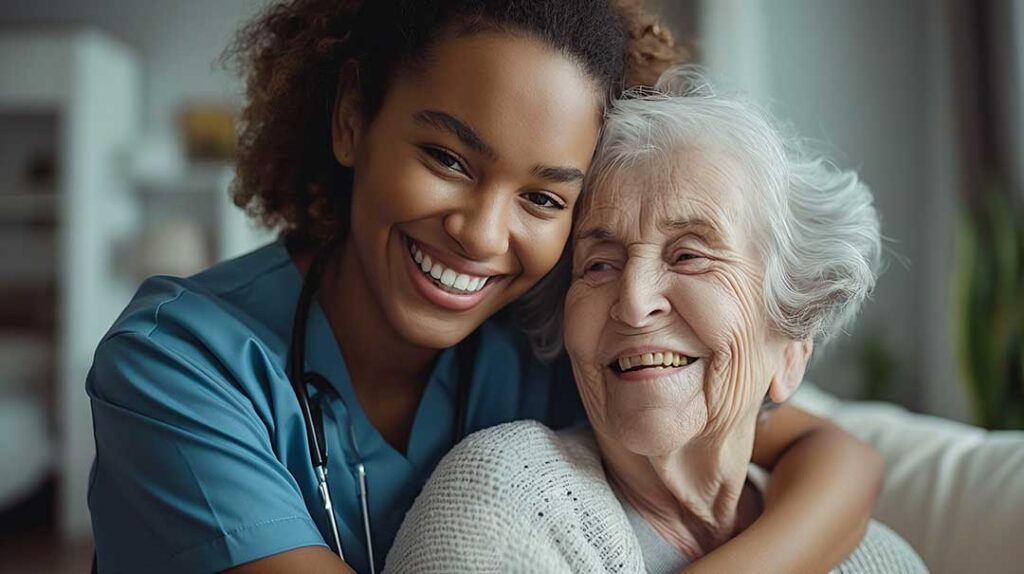 Older adult and family member reviewing care options with a caregiver in a bright residential setting.
